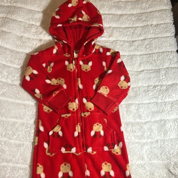 HB reindeer pajamas with a hoodie. Sz 6-9 mos. Red. Zip front - Picture 5 of 7